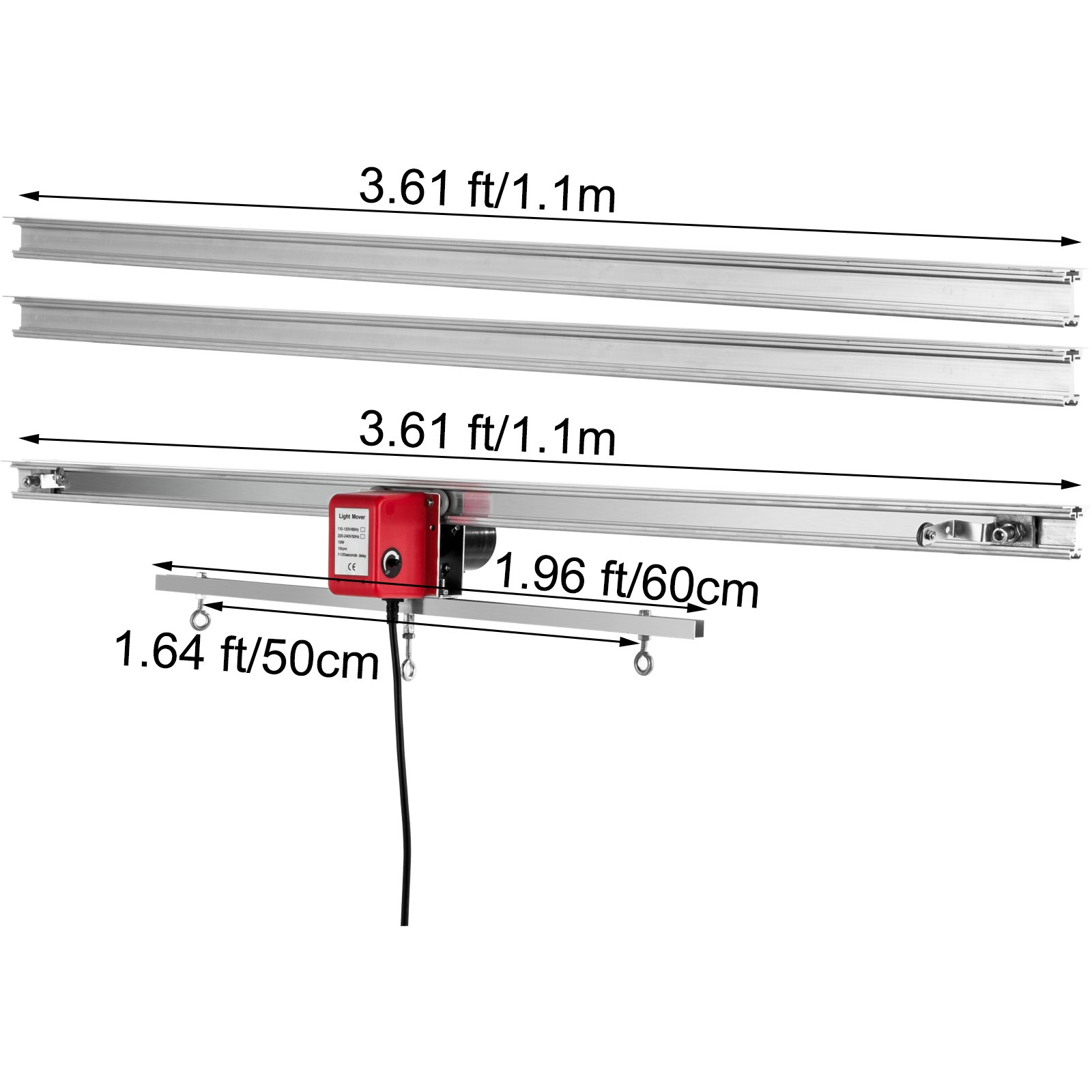 Kit de transporte de luces de cultivo para interiores VEVOR con dimensiones etiquetadas en pies y metros