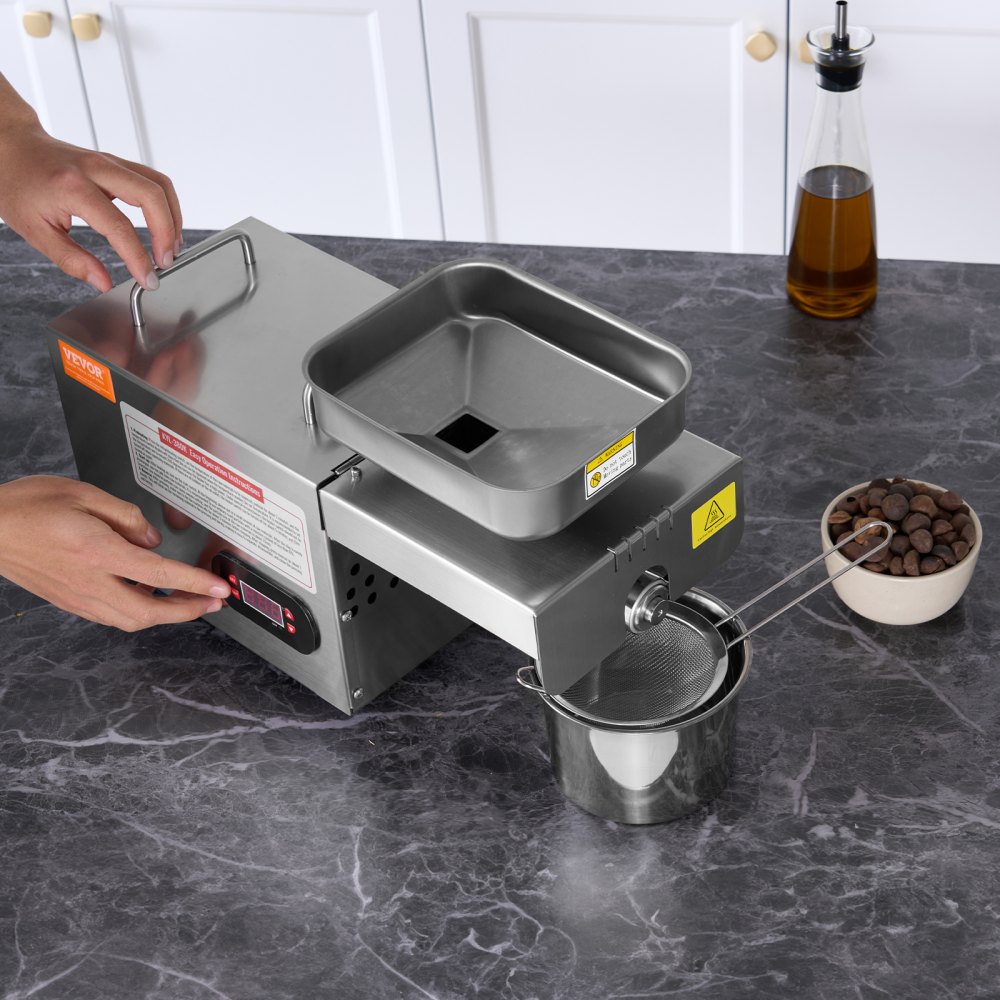 Prensa de aceite eléctrica VEVOR, extractor de aceite de acero inoxidable de 850 W, temperatura ajustable de 0 a 300 °C (32 a 572 °F), prensa caliente para prensar cacahuetes, semillas de sésamo, colza y semillas de té.