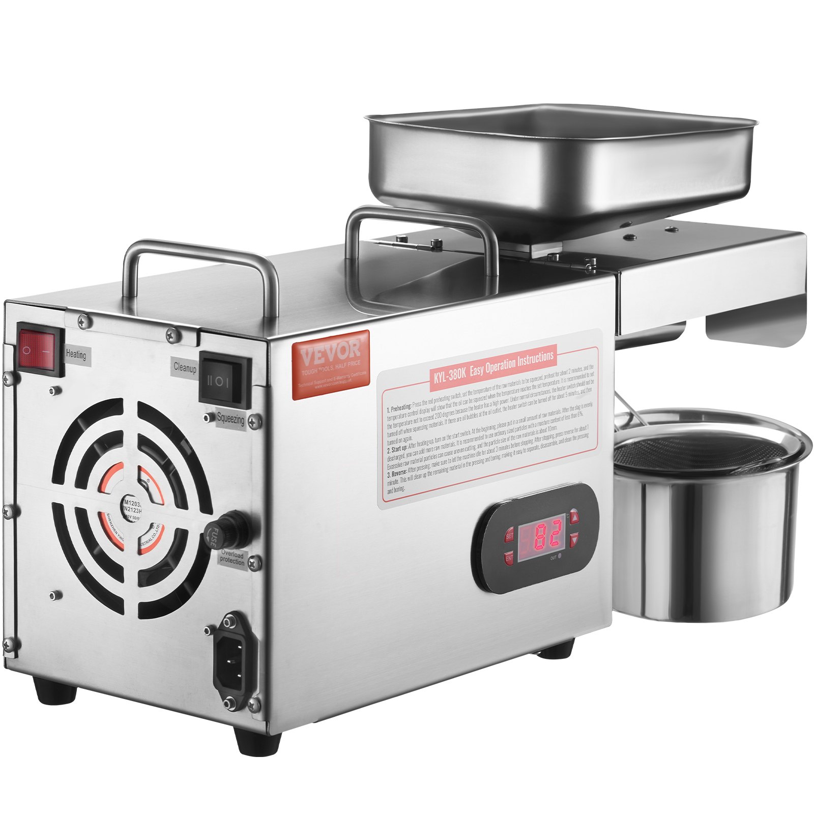 Prensa de aceite eléctrica VEVOR, extractor de aceite de acero inoxidable de 850 W, temperatura ajustable de 0 a 300 °C (32 a 572 °F), prensa caliente para prensar cacahuetes, semillas de sésamo, colza y semillas de té.