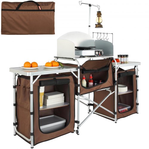 VEVOR Mesa de cocina para acampar, mesa de cocina plegable para exteriores con bolsa de transporte de almacenamiento, estación de cocina de aluminio 3 armario y parabrisas desmontable, configuración rápida para picnics, barbacoa, viajes en autocaravana, marrón