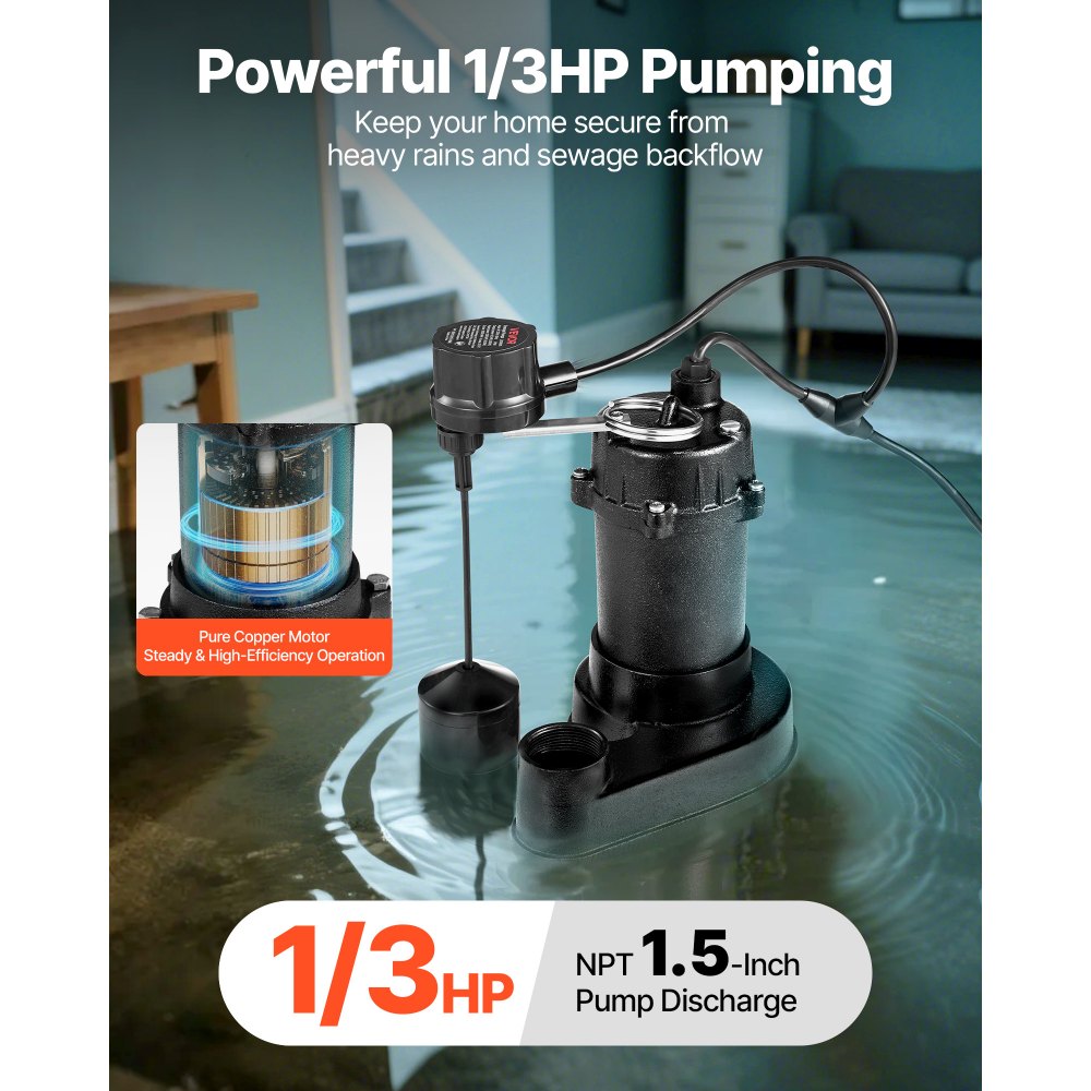 Bomba sumergible para aguas residuales VEVOR, 1/3 HP, 3000 GPH, de hierro fundido, con interruptor de flotador automático, descarga NPT de 1.5 pulgadas, 120 V, elevación de 25 pies, para sótanos, fosas sépticas y sumidero residencial.