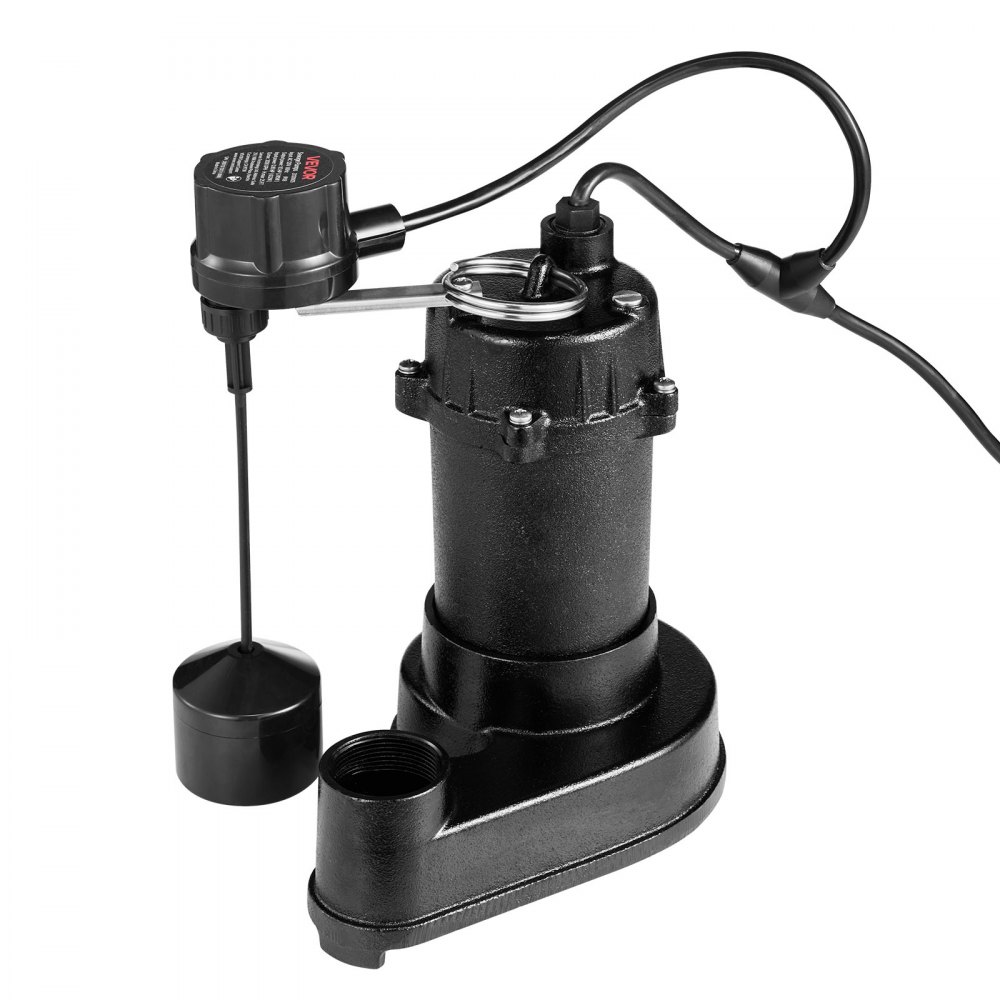Bomba sumergible para aguas residuales VEVOR, 1/3 HP, 3000 GPH, de hierro fundido, con interruptor de flotador automático, descarga NPT de 1.5 pulgadas, 120 V, elevación de 25 pies, para sótanos, fosas sépticas y sumidero residencial.