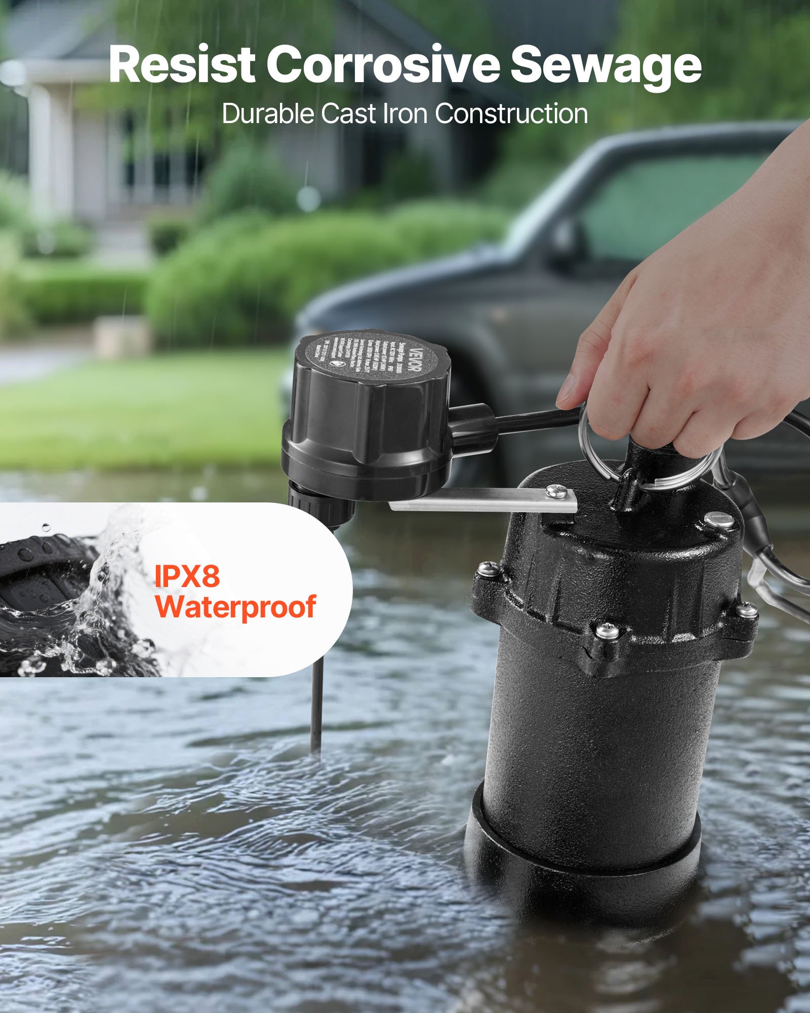 Bomba sumergible para aguas residuales VEVOR, 1/3 HP, 3000 GPH, de hierro fundido, con interruptor de flotador automático, descarga NPT de 1.5 pulgadas, 120 V, elevación de 25 pies, para sótanos, fosas sépticas y sumidero residencial.