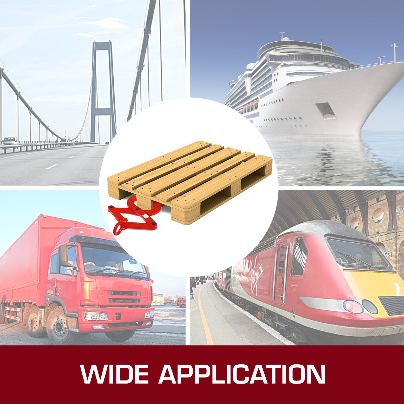 Extractor de paletas VEVOR que muestra amplias aplicaciones: puentes de carretera, barcos, camiones, trenes.