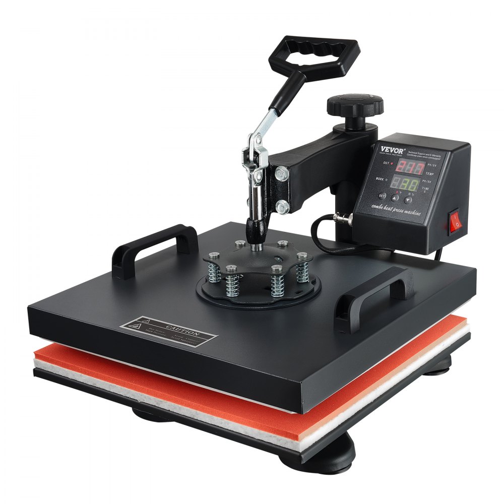 Máquina de prensado térmico VEVOR con panel de control digital y mango ajustable.