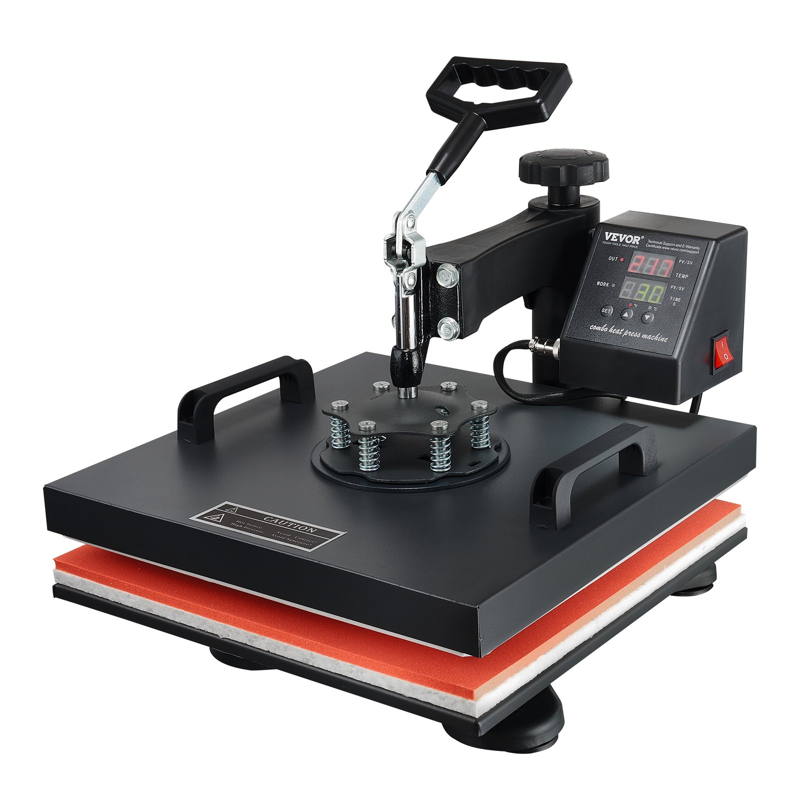 Máquina de prensado térmico VEVOR con panel de control digital y mango ajustable.