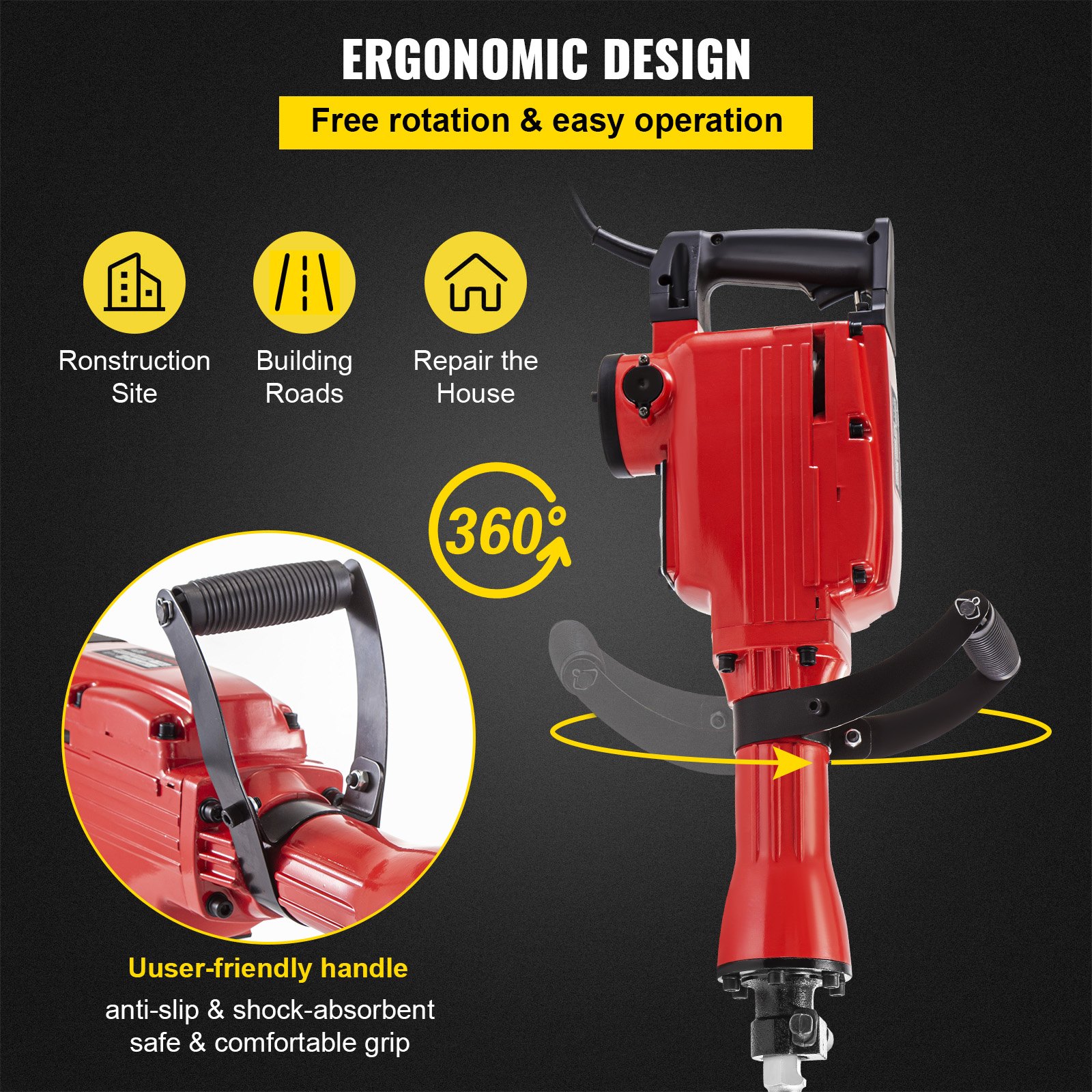 VEVOR Martillo Demoledor Eléctrico 1200 BPM Martillo de Demolición 1100 W 110 V / 60 Hz Martillo de Demolición para Hormigón con 3 Cinceles Reemplazables Llaves y Mango Ergonómico Giratorio de 360°