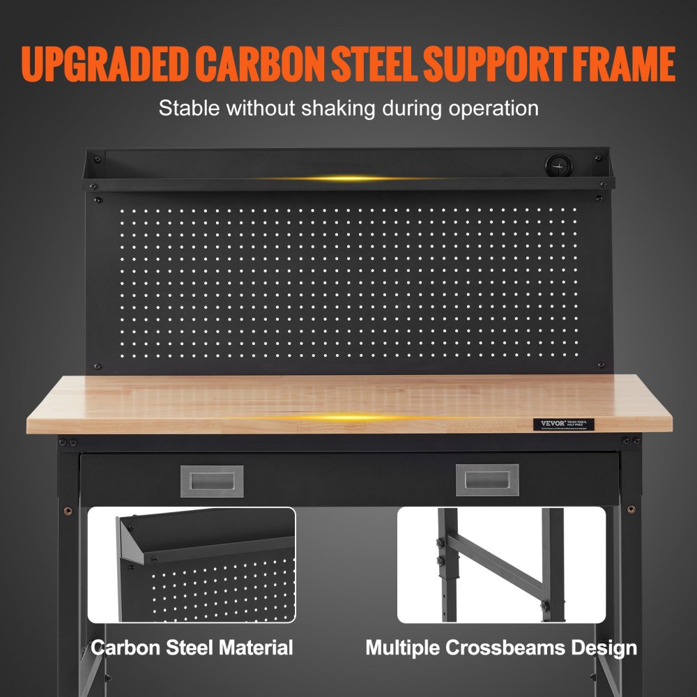 Banco de trabajo VEVOR de altura ajustable de 71 a 100 cm para garaje, fabricado en roble y acero al carbono, resistente, con capacidad de 900 kg. Superficie de trabajo: 122 x 61 cm. Cable de 3 m y 30 ganchos.