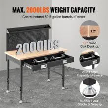VEVOR Banco de trabajo Altura ajustable 28-39.5" Banco de trabajo para garaje Tablón de roble y acero al carbono Banco de trabajo resistente 2000 lbs Capacidad de peso Banco de trabajo Tamaño 48x24" Banco de trabajo de madera dura Cable de 3 m 30 ganchos