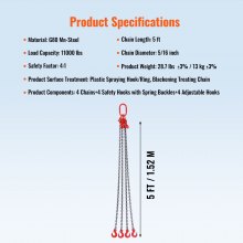 Eslinga de cadena VEVOR, capacidad de peso de 11000 lbs, cadena de elevación G80 de 5/16'' x 5' con ganchos de agarre, certificado DOT, revestimiento de ennegrecimiento de acero al manganeso y longitud ajustable, para sitio de construcción de fábrica de muelles