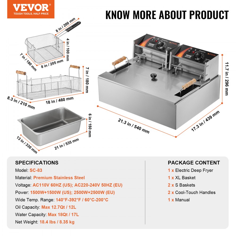 Freidora comercial VEVOR, freidora eléctrica de pavo de 3000 W con 3 cestas extraíbles, gran capacidad de 18 cuartos de galón (17 L), de acero inoxidable, para encimera, de un solo aceite, para cocina, restaurante, color plateado