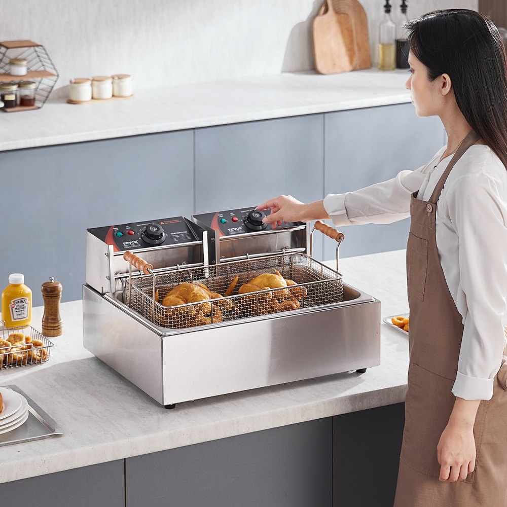 Freidora comercial VEVOR, freidora eléctrica de pavo de 3000 W con 3 cestas extraíbles, gran capacidad de 18 cuartos de galón (17 L), de acero inoxidable, para encimera, de un solo aceite, para cocina, restaurante, color plateado