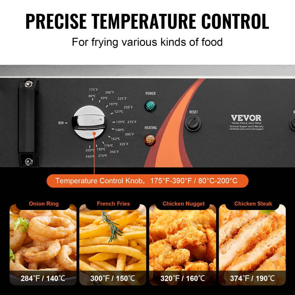 Freidora comercial VEVOR, freidora eléctrica de pavo de 3000 W con cesta, gran capacidad de 30,6 qt/29 l, freidora de aceite individual para encimera, acero inoxidable, control de temperatura, para cocina, restaurante, color plateado