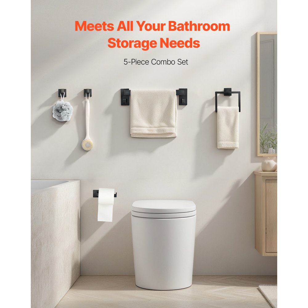 VEVOR Juego de accesorios de baño negro mate, 5 piezas, barra de toalla de acero inoxidable de 40 cm, toallero, 2 ganchos para toallas, soporte para papel higiénico, montaje en pared