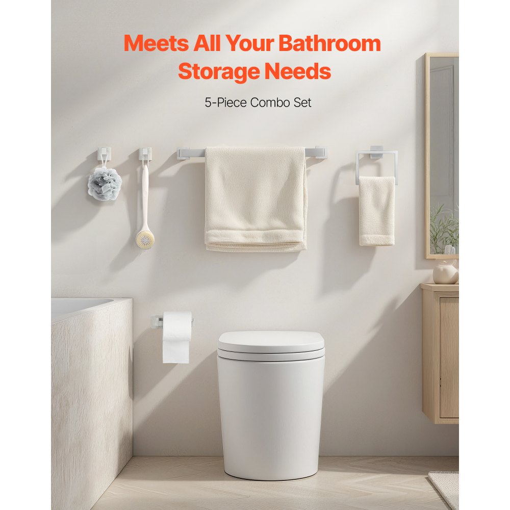 VEVOR Juego de accesorios de baño de níquel cepillado, 5 piezas, barra de toalla de acero inoxidable de 61 cm, toallero, 2 ganchos para toallas y portarrollos de papel higiénico para baño, montaje en pared.
