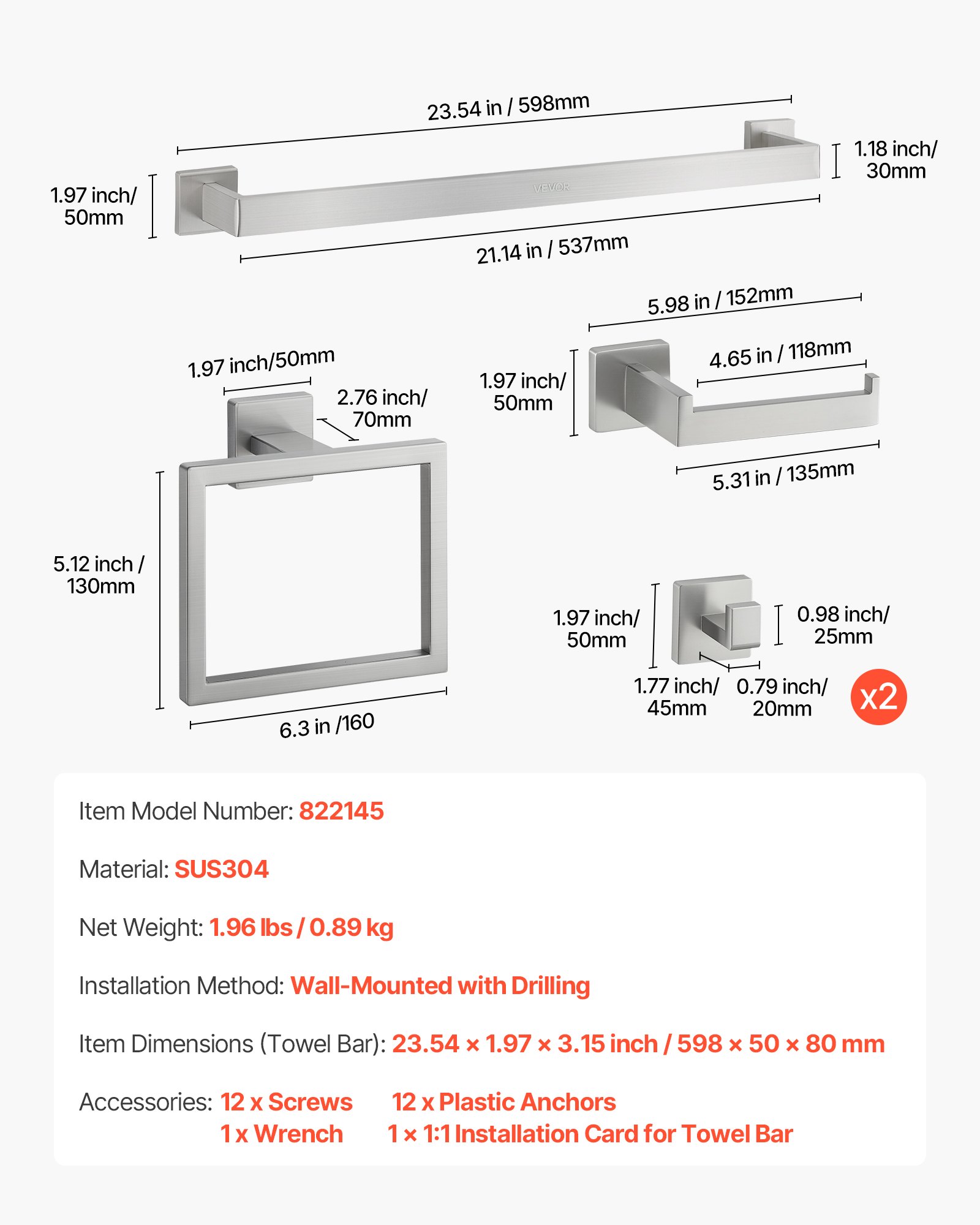 VEVOR Juego de accesorios de baño de níquel cepillado, 5 piezas, barra de toalla de acero inoxidable de 61 cm, toallero, 2 ganchos para toallas y portarrollos de papel higiénico para baño, montaje en pared.