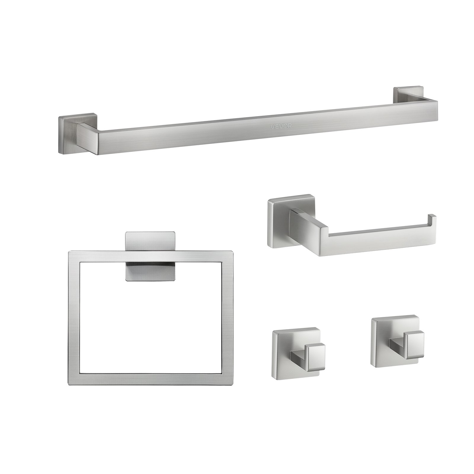 VEVOR Juego de accesorios de baño de níquel cepillado, 5 piezas, barra de toalla de acero inoxidable de 61 cm, toallero, 2 ganchos para toallas y portarrollos de papel higiénico para baño, montaje en pared.