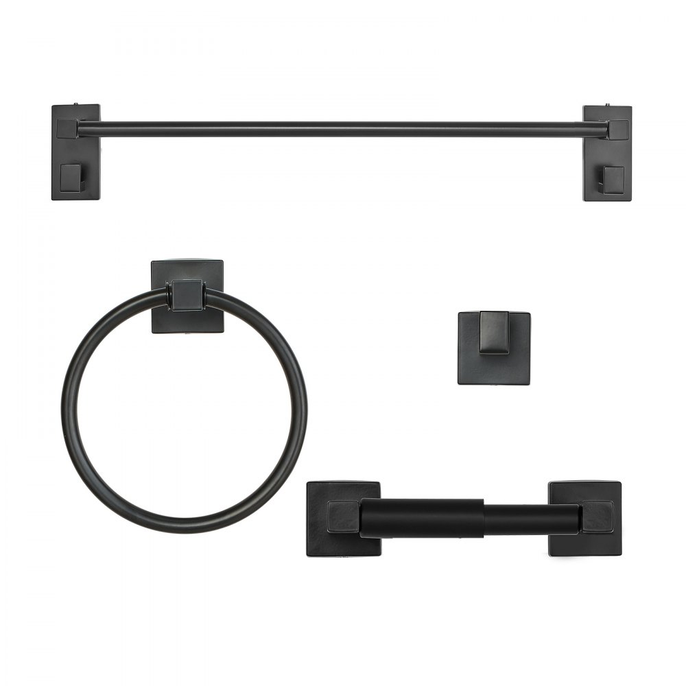VEVOR Juego de accesorios de baño negro mate, 4 piezas de acero inoxidable, barra de toalla de 61 cm, anilla para toalla, gancho para bata y portarrollos de papel higiénico, para baño, montaje en pared