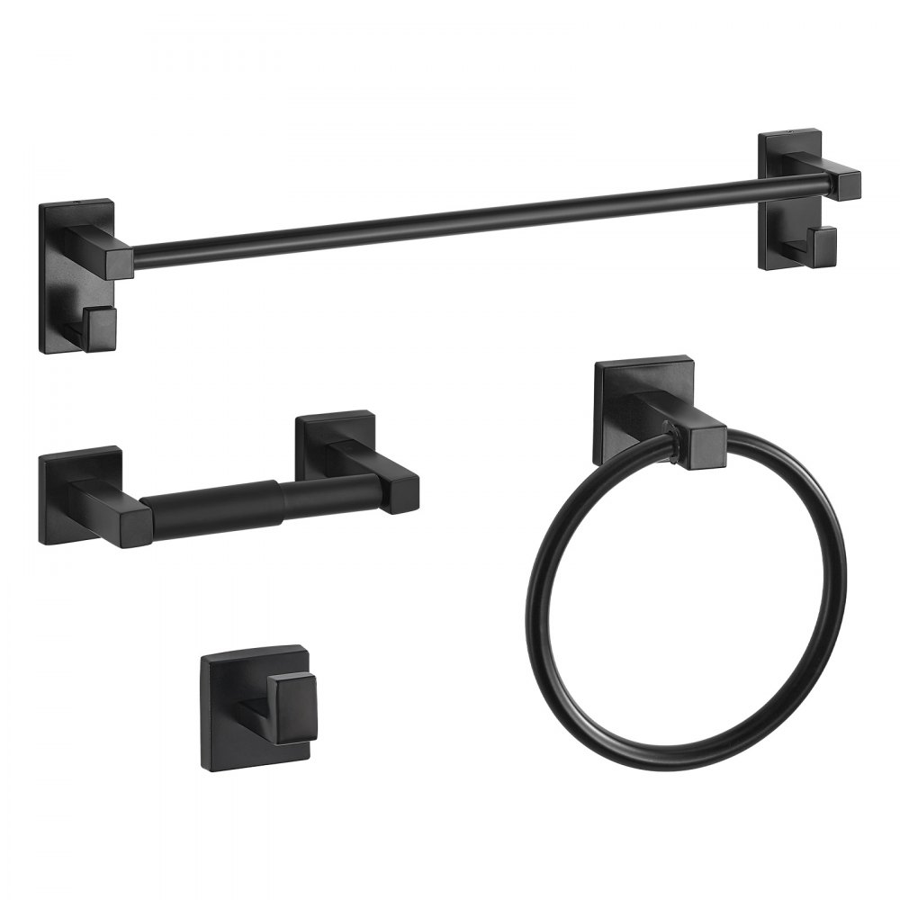 VEVOR Juego de accesorios de baño negro mate, 4 piezas de acero inoxidable, barra de toalla de 61 cm, anilla para toalla, gancho para bata y portarrollos de papel higiénico, para baño, montaje en pared