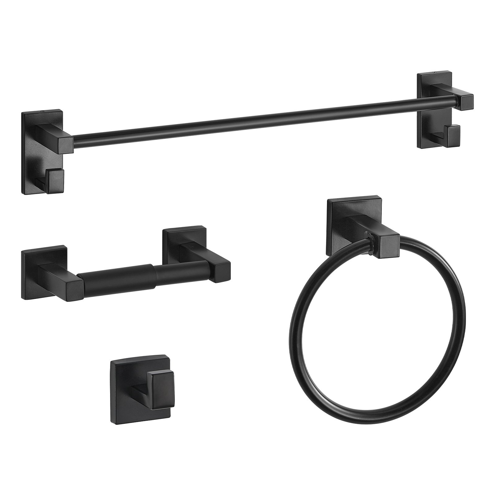 VEVOR Juego de accesorios de baño negro mate, 4 piezas de acero inoxidable, barra de toalla de 61 cm, anilla para toalla, gancho para bata y portarrollos de papel higiénico, para baño, montaje en pared