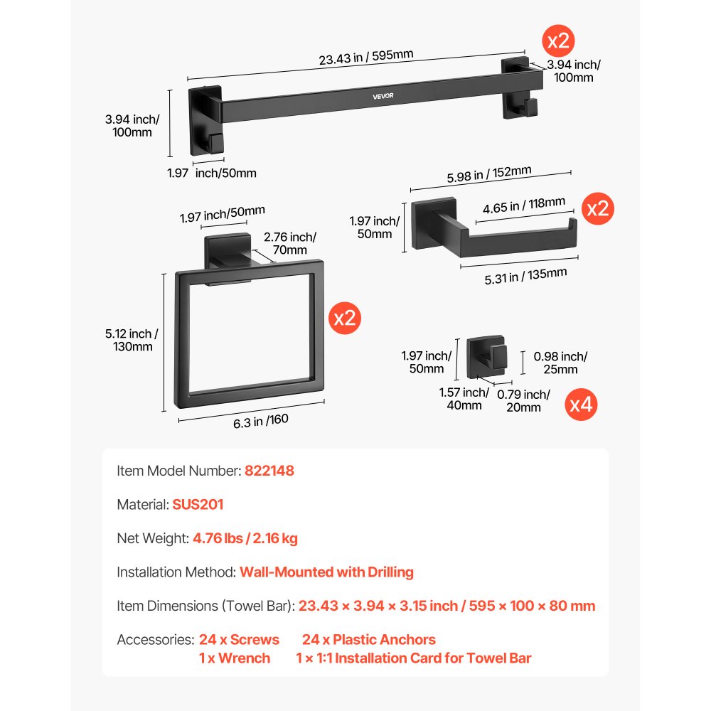 Juego de accesorios de baño VEVOR negro mate, 10 piezas, 2 barras de toalla de acero inoxidable de 61 cm, 2 toalleros, 4 ganchos para toallas y 2 portarrollos de papel higiénico para baño, montaje en pared.