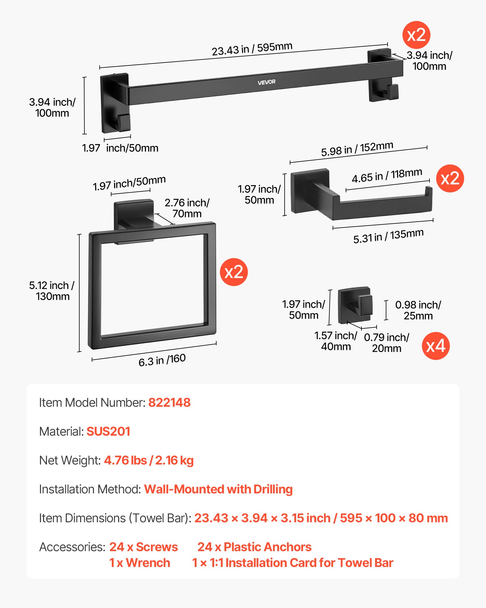 Juego de accesorios de baño VEVOR negro mate, 10 piezas, 2 barras de toalla de acero inoxidable de 61 cm, 2 toalleros, 4 ganchos para toallas y 2 portarrollos de papel higiénico para baño, montaje en pared.