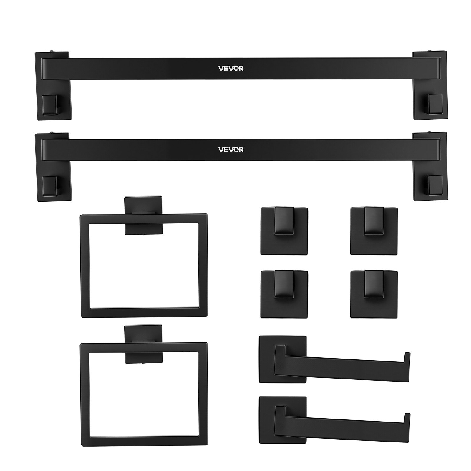 Juego de accesorios de baño VEVOR negro mate, 10 piezas, 2 barras de toalla de acero inoxidable de 61 cm, 2 toalleros, 4 ganchos para toallas y 2 portarrollos de papel higiénico para baño, montaje en pared.
