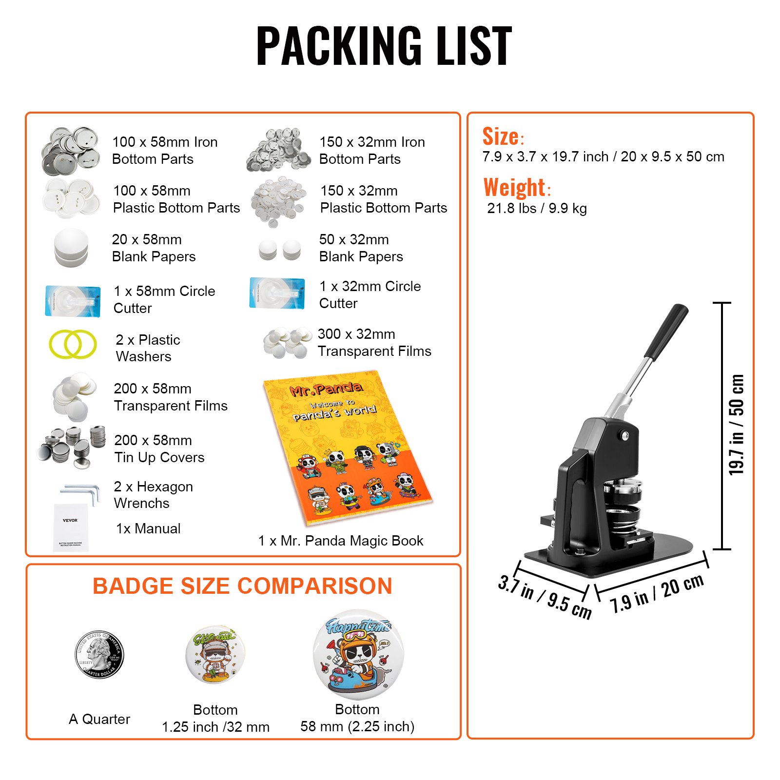 VEVOR Máquina Para Fabricar Botones Máquina De Prensa De Insignias Badge Pin Machine 1.25  2.25 500 piezas gratis Kit de prensa