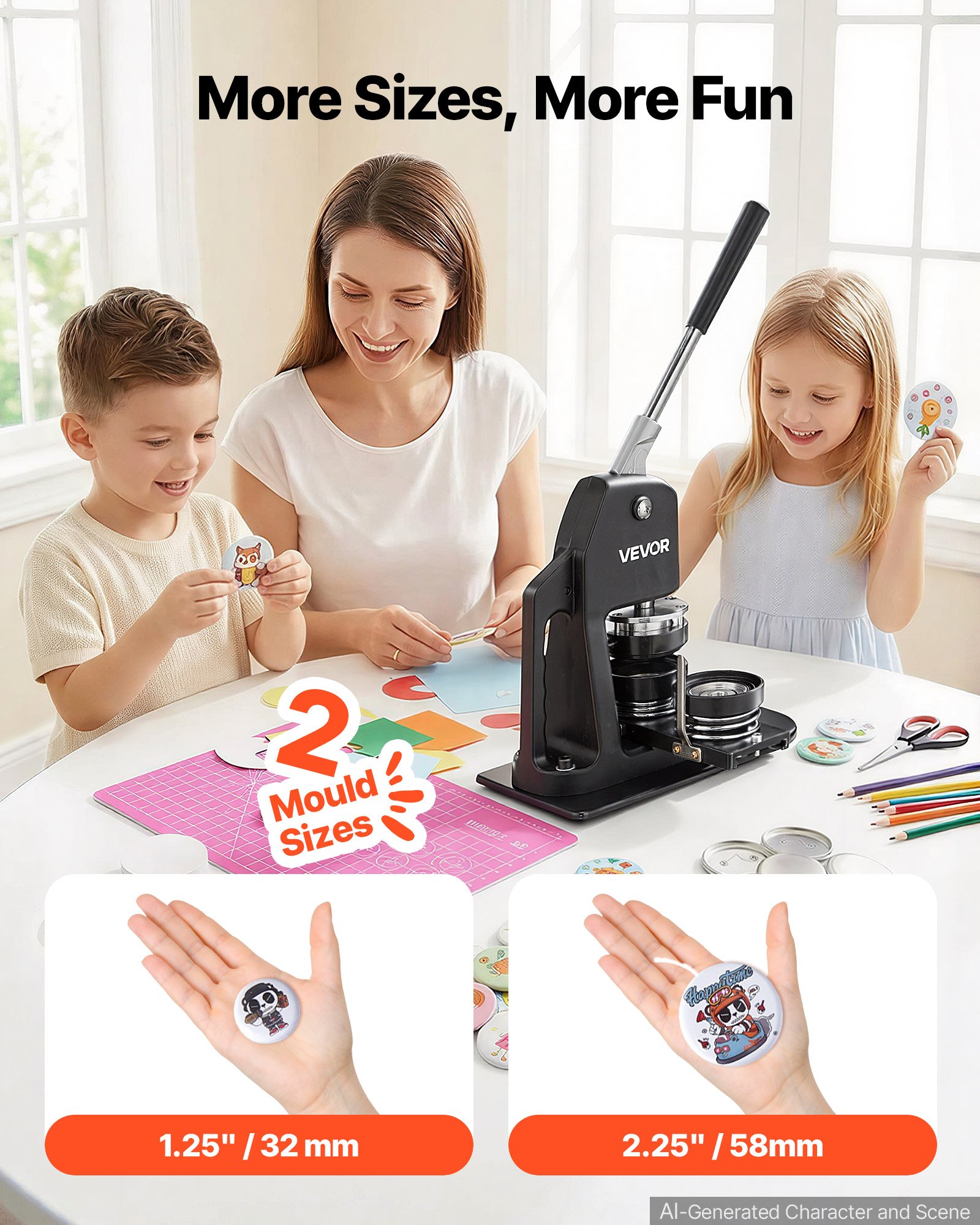 Máquina para hacer botones VEVOR, kit de prensa perforadora de insignias de varios tamaños (1,25 + 2,25 pulgadas), regalo DIY para niños, creador de pines, suministros para hacer botones con 500 piezas, cortador circular y libro mágico.
