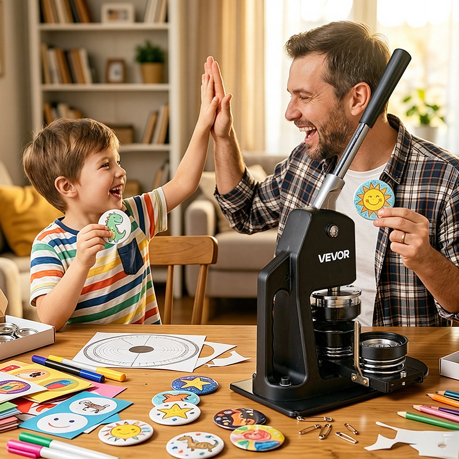 Máquina para hacer botones VEVOR, kit de prensa perforadora de insignias de varios tamaños (1,25 + 2,25 pulgadas), regalo DIY para niños, creador de pines, suministros para hacer botones con 500 piezas, cortador circular y libro mágico.
