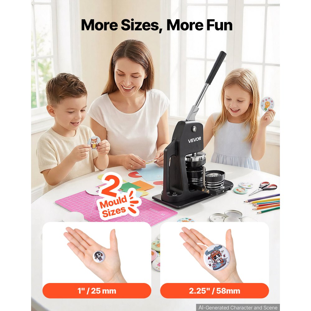 Máquina para hacer botones VEVOR, kit de prensa perforadora de insignias de varios tamaños (1+2,25 pulgadas), regalo DIY para niños, creador de pines, suministros para hacer botones con 500 piezas, cortador circular y libro mágico.