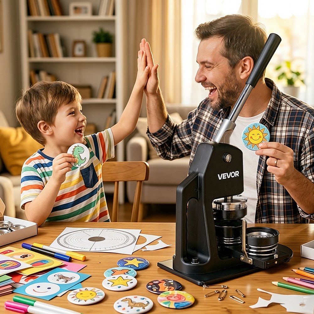Máquina para hacer botones VEVOR, kit de prensa perforadora de insignias de varios tamaños (1+2,25 pulgadas), regalo DIY para niños, creador de pines, suministros para hacer botones con 500 piezas, cortador circular y libro mágico.