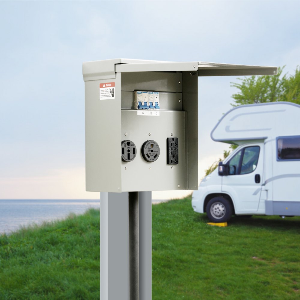 VEVOR Panel de toma de corriente temporal, 125/250 voltios, caja de toma de corriente para RV con un receptáculo de 20/30/50 amperios instalado, NEMA 14-50R / NEMA TT-30R / 15A GFCI para autocaravana,