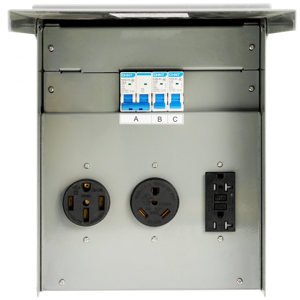 VEVOR Panel de toma de corriente temporal, 125/250 voltios, caja de toma de corriente para RV con un receptáculo de 20/30/50 amperios instalado, NEMA 14-50R / NEMA TT-30R / 15A GFCI para autocaravana,