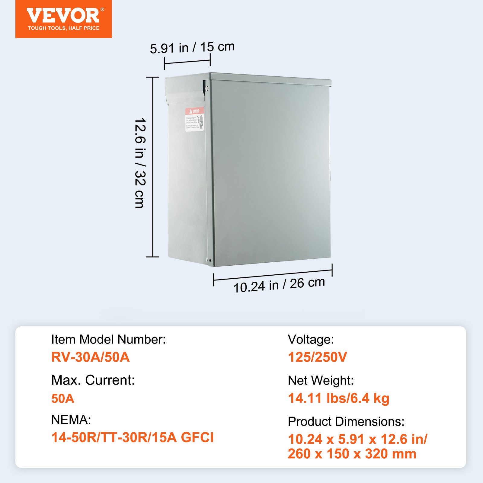 VEVOR Panel de toma de corriente temporal, 125/250 voltios, caja de toma de corriente para RV con un receptáculo de 20/30/50 amperios instalado, NEMA 14-50R / NEMA TT-30R / 15A GFCI para autocaravana,