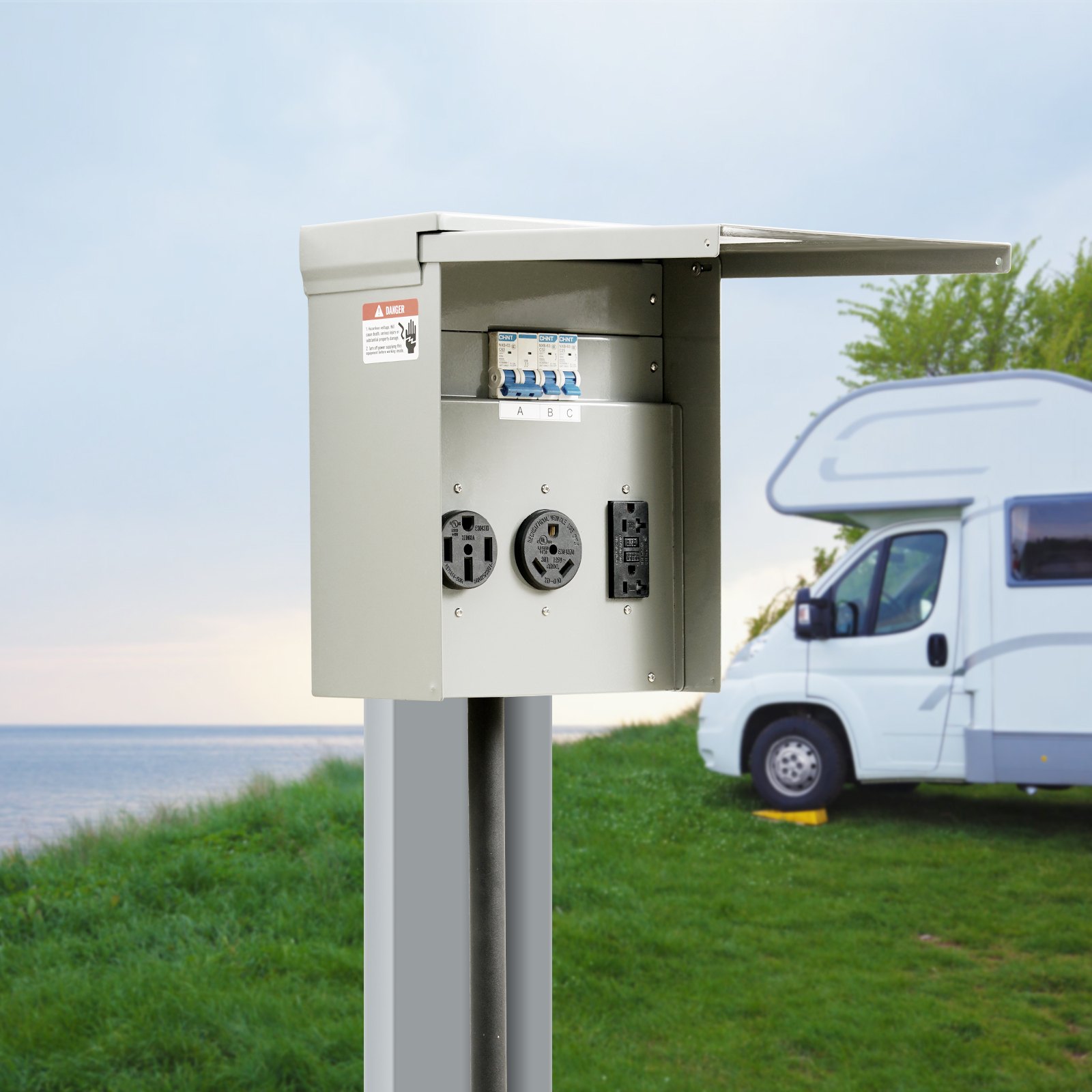 VEVOR Panel de toma de corriente temporal, 125/250 voltios, caja de toma de corriente para RV con un receptáculo de 20/30/50 amperios instalado, NEMA 14-50R / NEMA TT-30R / 15A GFCI para autocaravana,