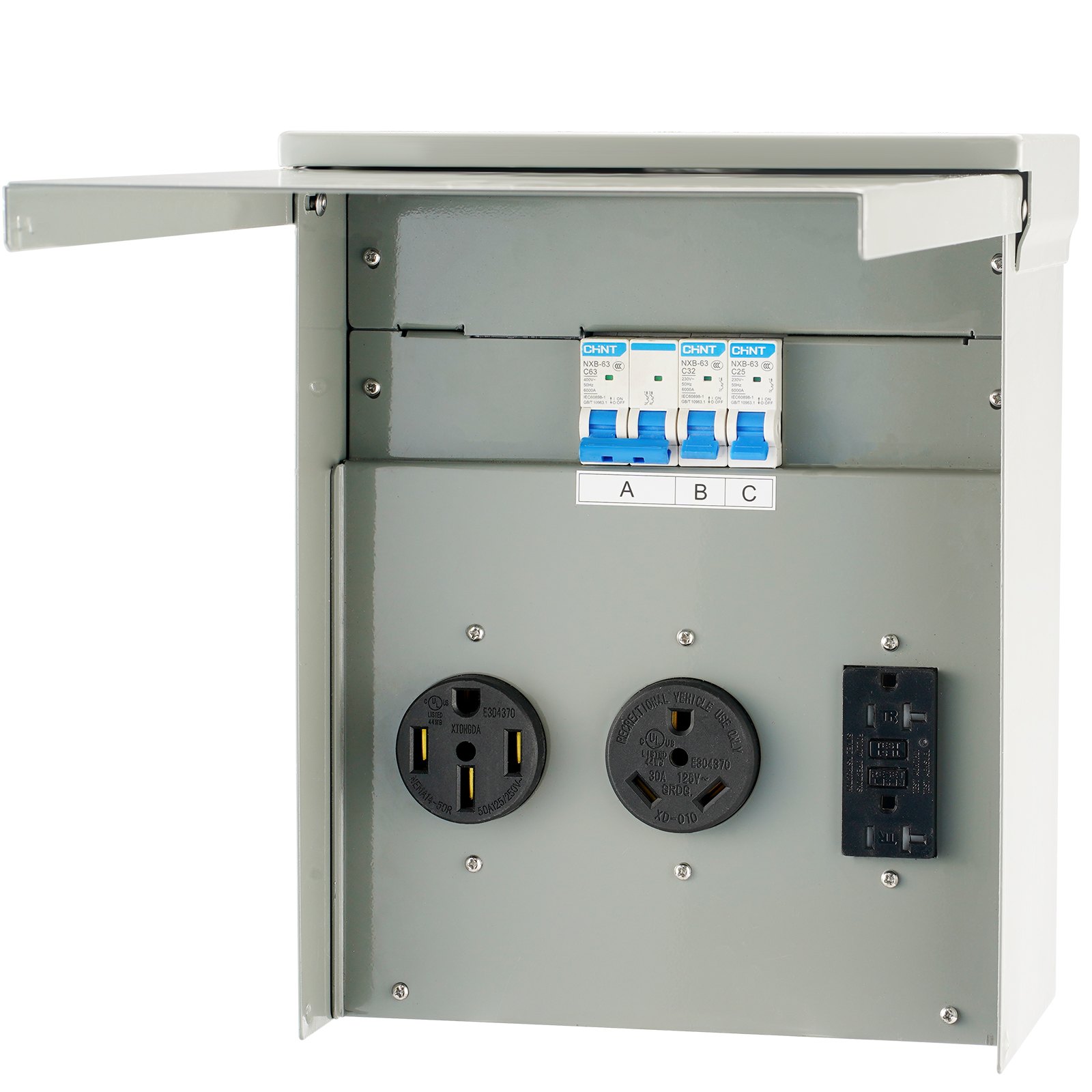 VEVOR Panel de toma de corriente temporal, 125/250 voltios, caja de toma de corriente para RV con un receptáculo de 20/30/50 amperios instalado, NEMA 14-50R / NEMA TT-30R / 15A GFCI para autocaravana,