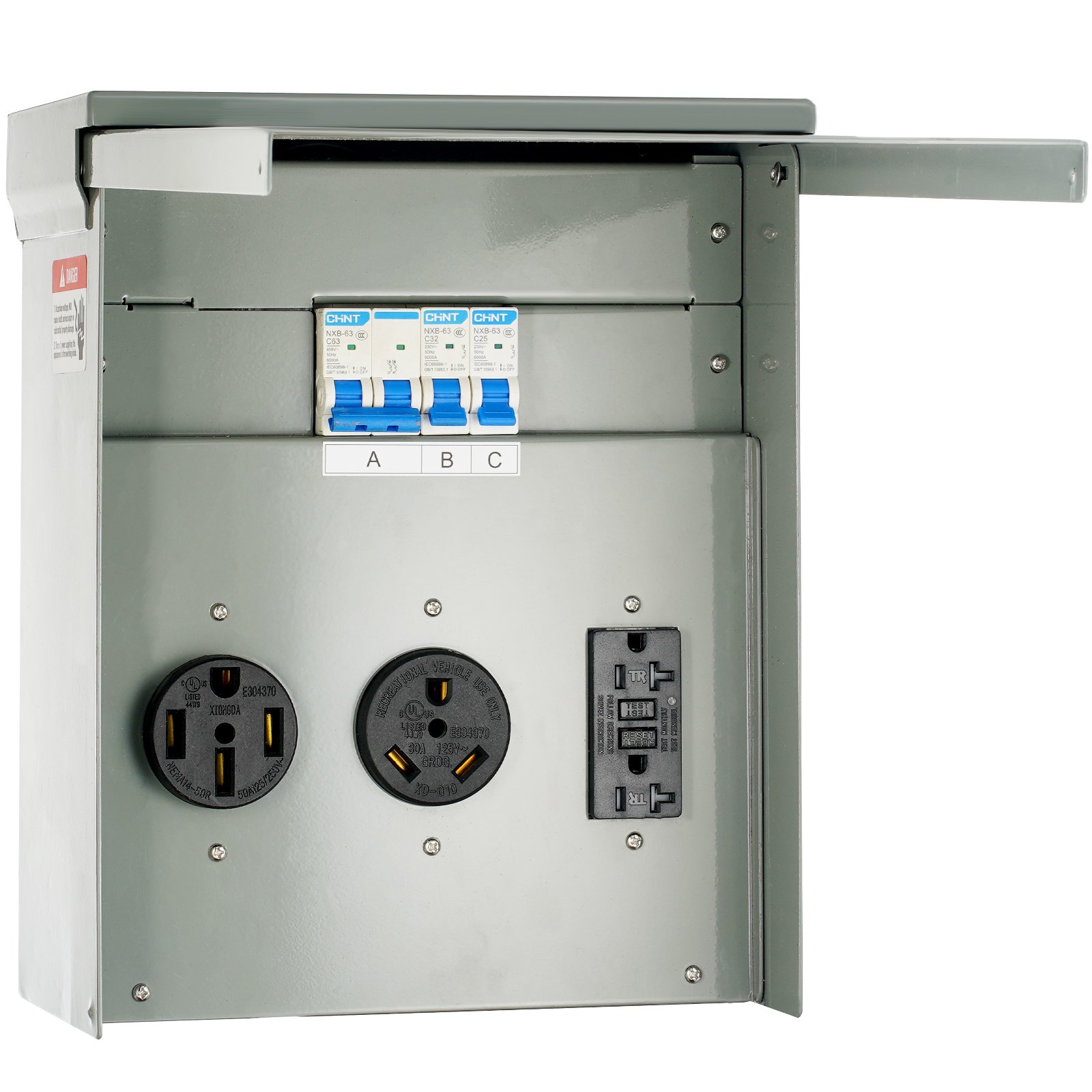 VEVOR Panel de toma de corriente temporal, 125/250 voltios, caja de toma de corriente para RV con un receptáculo de 20/30/50 amperios instalado, NEMA 14-50R / NEMA TT-30R / 15A GFCI para autocaravana,