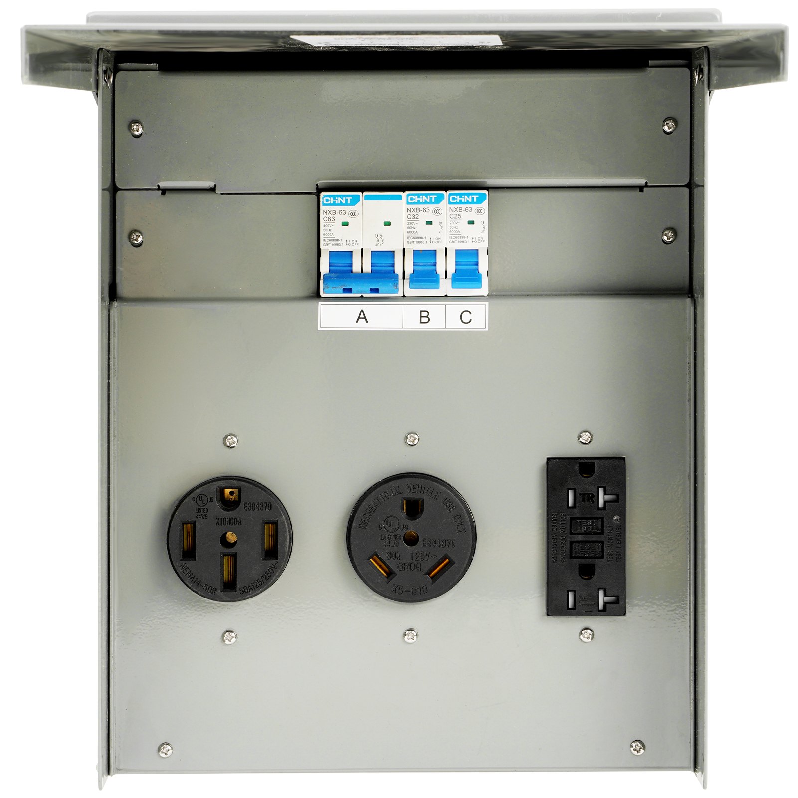 VEVOR Panel de toma de corriente temporal, 125/250 voltios, caja de toma de corriente para RV con un receptáculo de 20/30/50 amperios instalado, NEMA 14-50R / NEMA TT-30R / 15A GFCI para autocaravana,