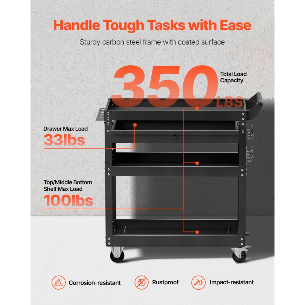 VEVOR - Carro de herramientas de 4 niveles con ruedas, capacidad de carga de 159 kg, con cajón y tablero perforado, organizador de herramientas para mecánicos con sistema de bloqueo para garaje, almacén y taller, color negro
