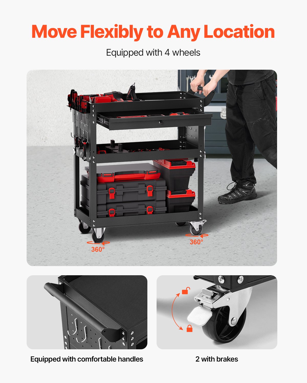 Carro de herramientas VEVOR de 4 niveles con ruedas, capacidad de carga de 159 kg, carro de trabajo rodante con cajón y panel perforado, organizador de herramientas mecánicas con sistema de bloqueo para garaje, almacén y taller de reparación, color negro.