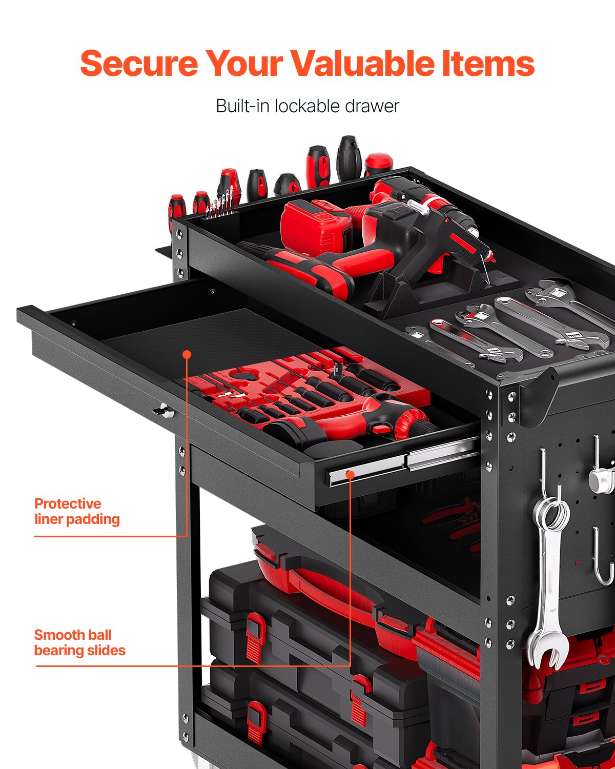 VEVOR 4-Tier Tool Cart with Wheels, 350 lbs Load Capacity, Rolling Work Cart with Drawer & Pegboard, Mechanic Tool Storage Organizer with Locking System for Garage, Warehouse and Repair Shop, Black