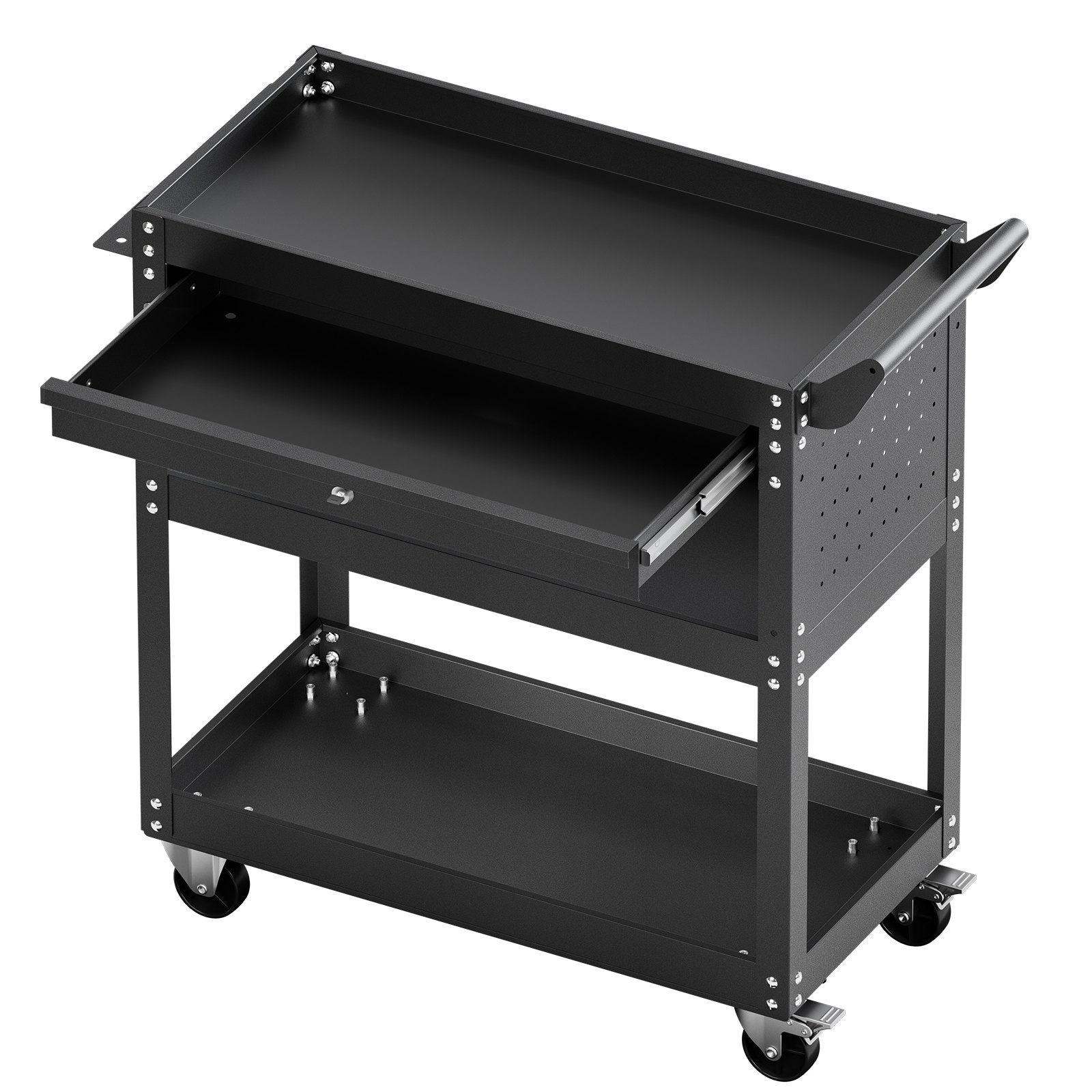 Carro de herramientas VEVOR de 4 niveles con ruedas, capacidad de carga de 159 kg, carro de trabajo rodante con cajón y panel perforado, organizador de herramientas mecánicas con sistema de bloqueo para garaje, almacén y taller de reparación, color negro.