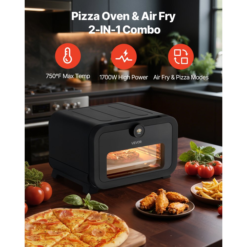 Horno de pizza VEVOR, horno eléctrico de pizza con 8 preajustes y freidora de aire, máquina para hacer pizza de interior de 12 pulgadas con control inteligente, temperatura máxima de 750 °F, resistente al agua IPX4, horno de pizza de encimera con piedra para pizza y cesta para freír.