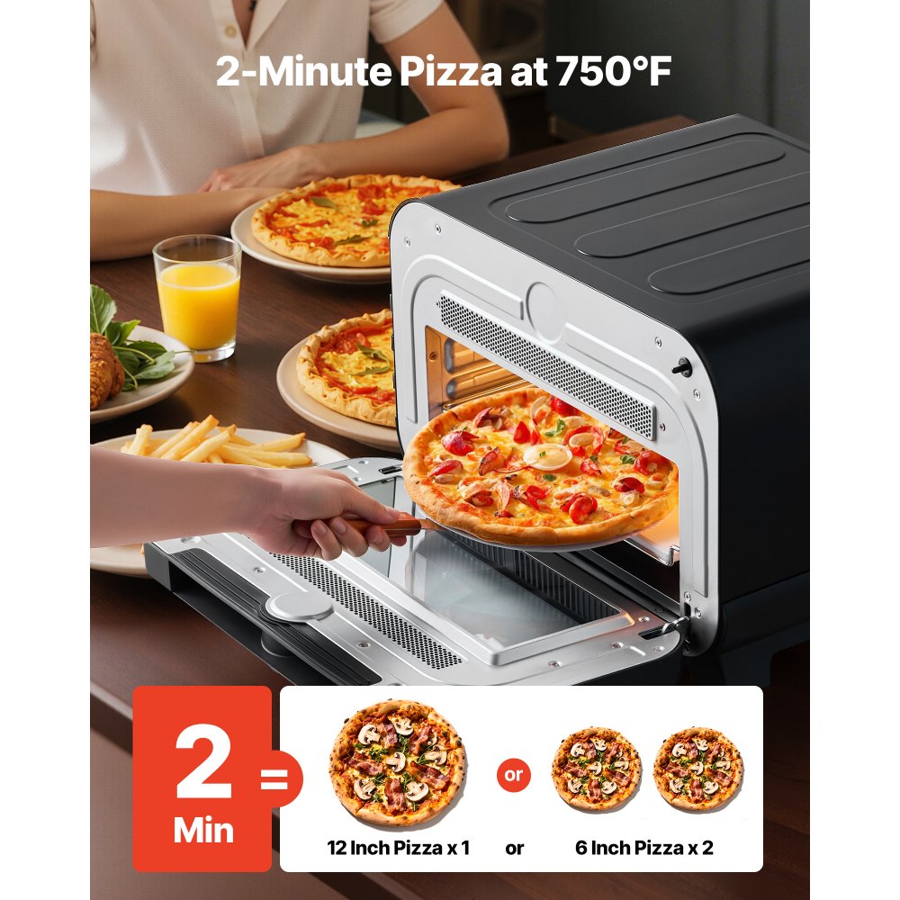 Horno de pizza VEVOR, horno eléctrico de pizza con 8 preajustes y freidora de aire, máquina para hacer pizza de interior de 12 pulgadas con control inteligente, temperatura máxima de 750 °F, resistente al agua IPX4, horno de pizza de encimera con piedra para pizza y cesta para freír.