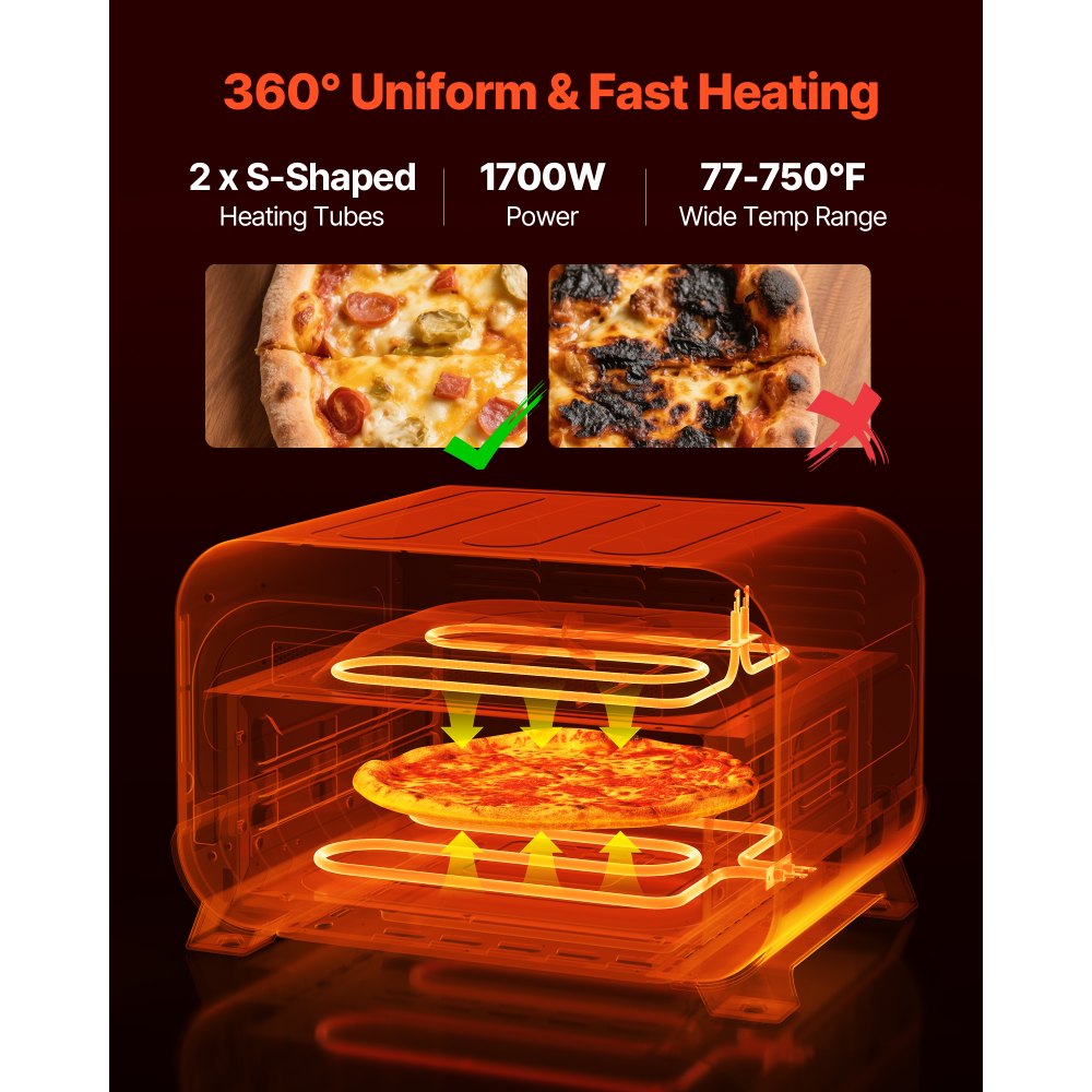 Horno de pizza VEVOR, horno eléctrico de pizza con 8 preajustes y freidora de aire, máquina para hacer pizza de interior de 12 pulgadas con control inteligente, temperatura máxima de 750 °F, resistente al agua IPX4, horno de pizza de encimera con piedra para pizza y cesta para freír.