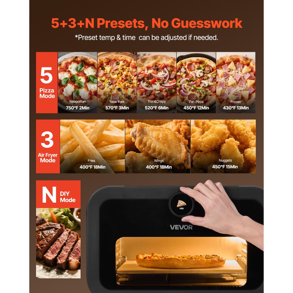 Horno de pizza VEVOR, horno eléctrico de pizza con 8 preajustes y freidora de aire, máquina para hacer pizza de interior de 12 pulgadas con control inteligente, temperatura máxima de 750 °F, resistente al agua IPX4, horno de pizza de encimera con piedra para pizza y cesta para freír.