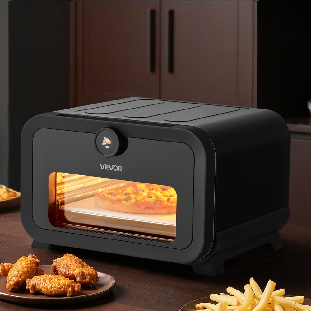 Horno de pizza VEVOR, horno eléctrico de pizza con 8 preajustes y freidora de aire, máquina para hacer pizza de interior de 12 pulgadas con control inteligente, temperatura máxima de 750 °F, resistente al agua IPX4, horno de pizza de encimera con piedra para pizza y cesta para freír.