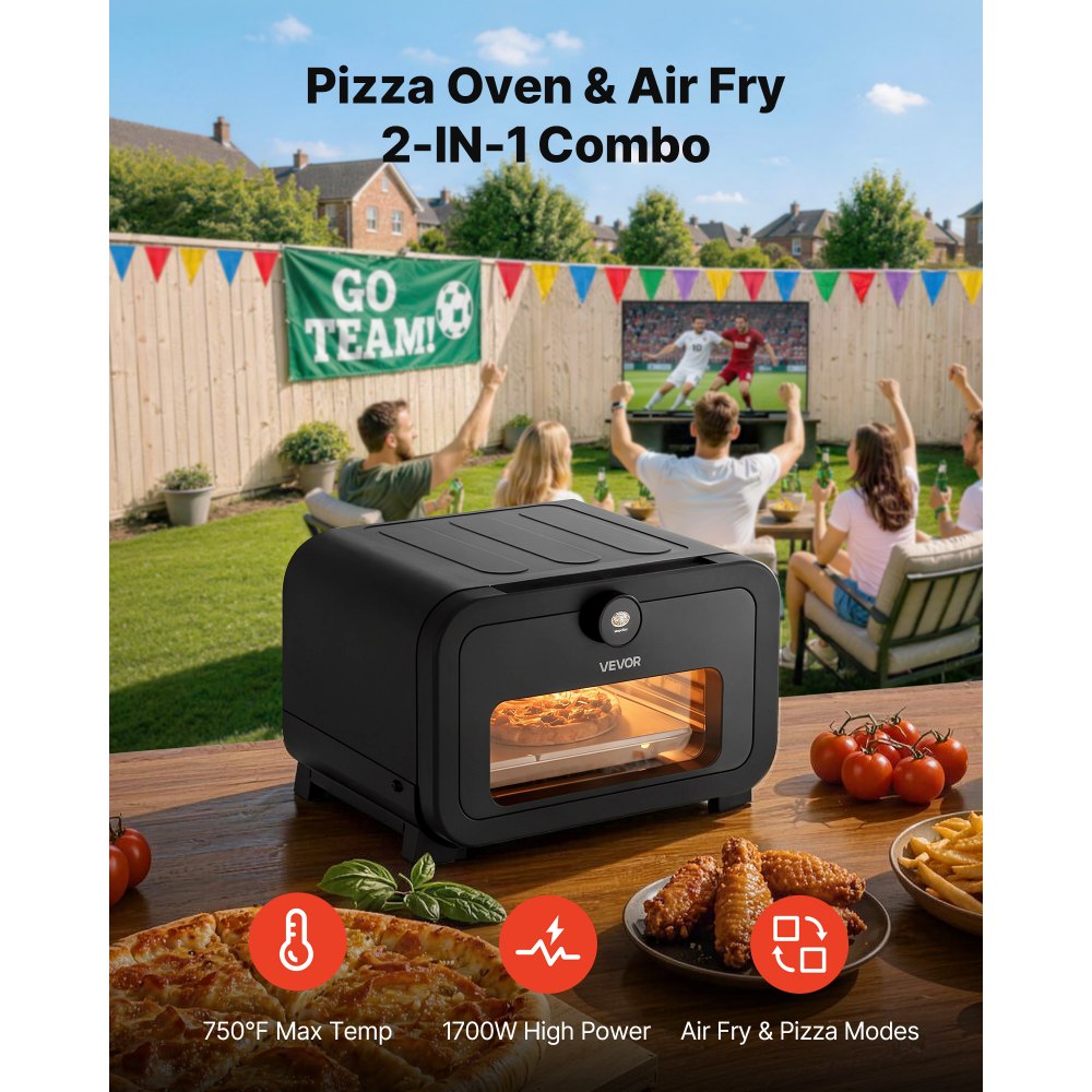 Horno de pizza VEVOR, horno eléctrico de pizza con 8 preajustes y freidora de aire, máquina para hacer pizza de interior de 12 pulgadas con control inteligente, temperatura máxima de 750 °F, resistente al agua IPX4, horno de pizza de encimera con piedra para pizza y cesta para freír.
