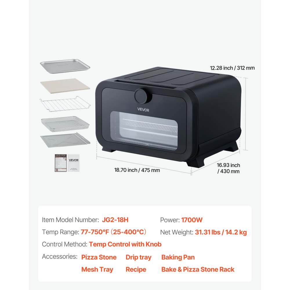 Horno de pizza VEVOR, horno eléctrico de pizza con 8 preajustes y freidora de aire, máquina para hacer pizza de interior de 12 pulgadas con control inteligente, temperatura máxima de 750 °F, resistente al agua IPX4, horno de pizza de encimera con piedra para pizza y cesta para freír.